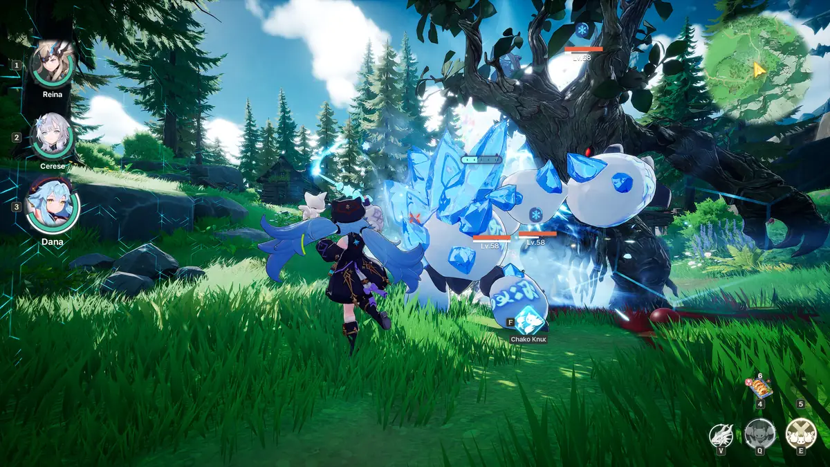 A hero fighting alongside a large blue crystalline creature in a sunlit green meadow, with a party panel showing Reina, Cerese and Dana