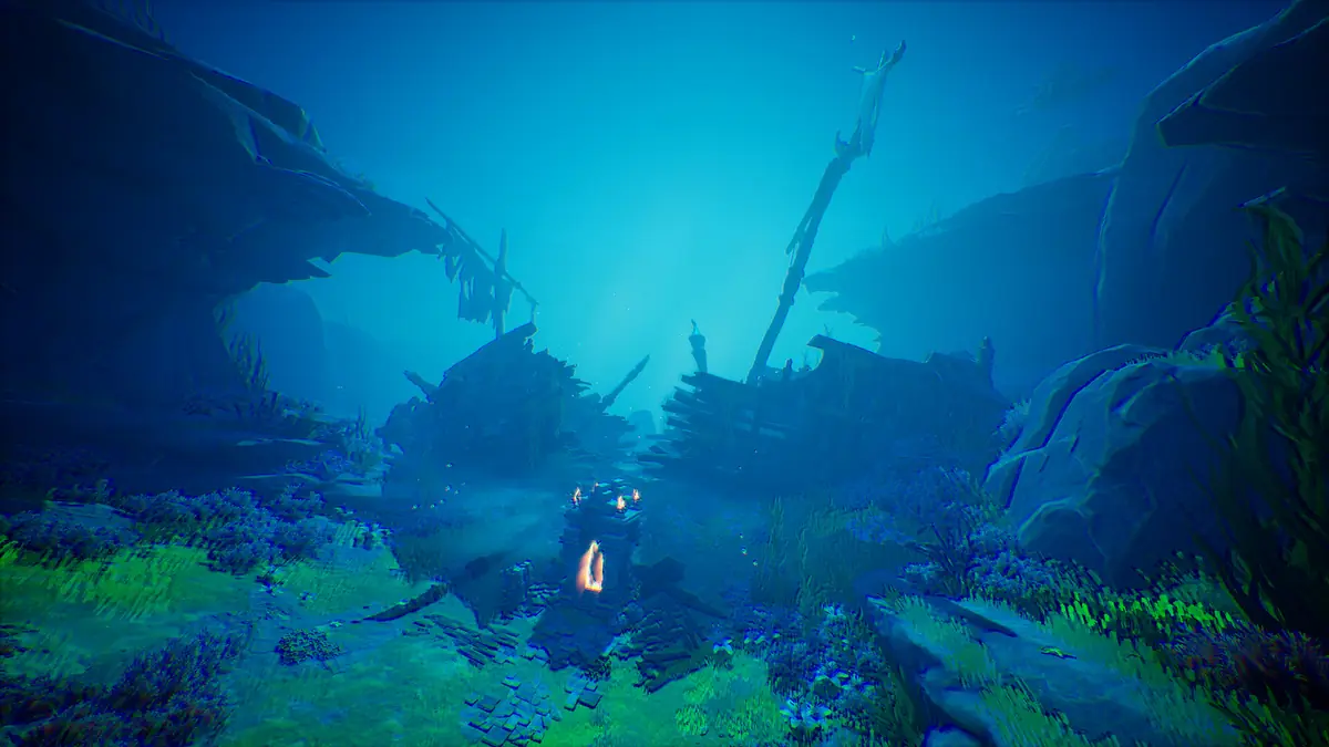 A lone hero swimming through a dim teal underwater area lit by shafts of light