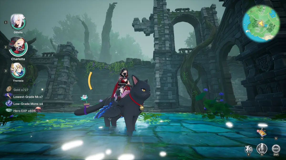 A hero riding a black cat familiar through misty stone ruins, with loot pickups listed on screen and a party panel showing Othello, Charlotte and Theresia