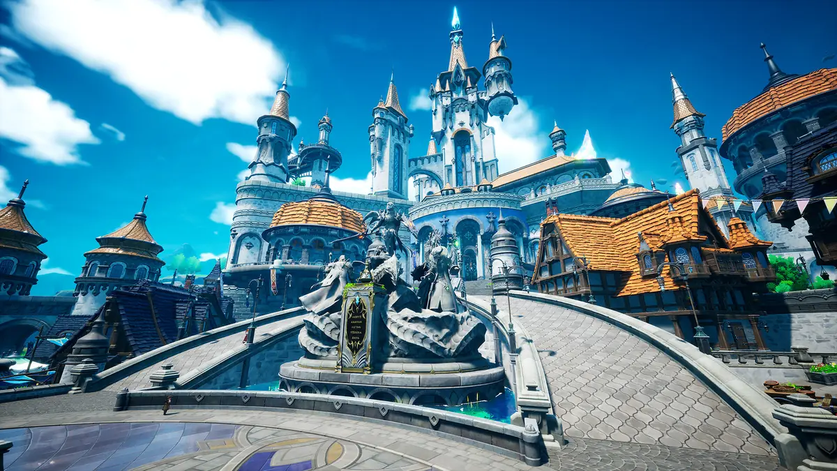 The white spires and orange rooftops of the Orbis royal castle under a clear sky in DragonSword: Awakening