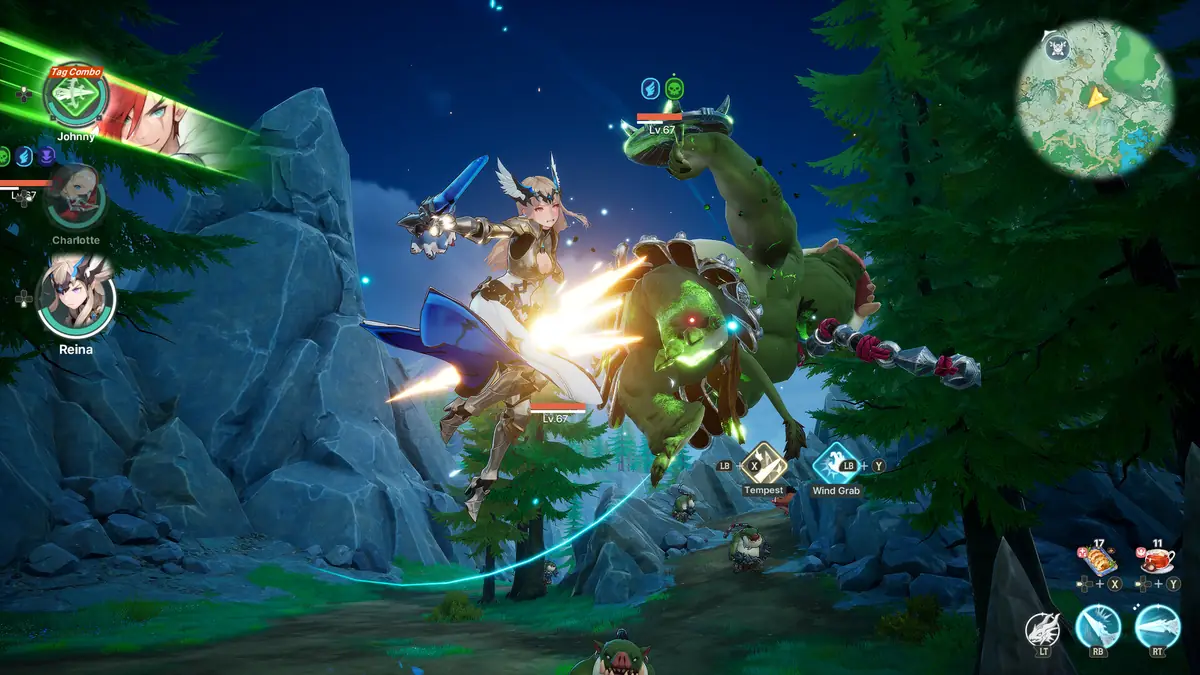 A three-hero party fighting green dragon-like enemies on rocky ground, with damage numbers and enemy health bars on screen