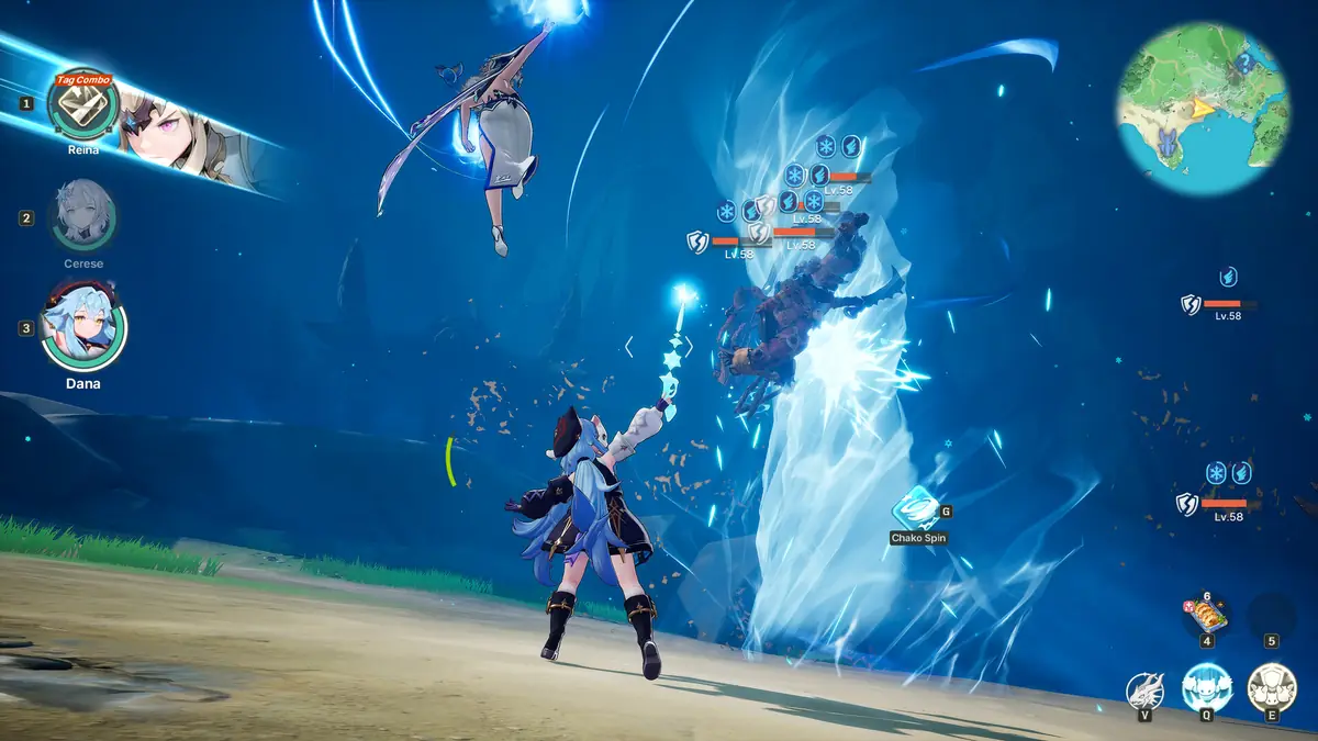 In-game HUD showing a party panel with Reina, Cerese and Dana on the left, the minimap top right and the skill bar bottom right, while a towering ice effect erupts in the centre